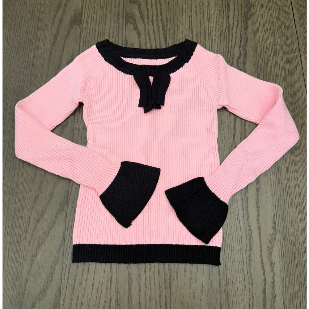 NWOT Pink Black Ribbed Knit Sweater Fitted Top Women L